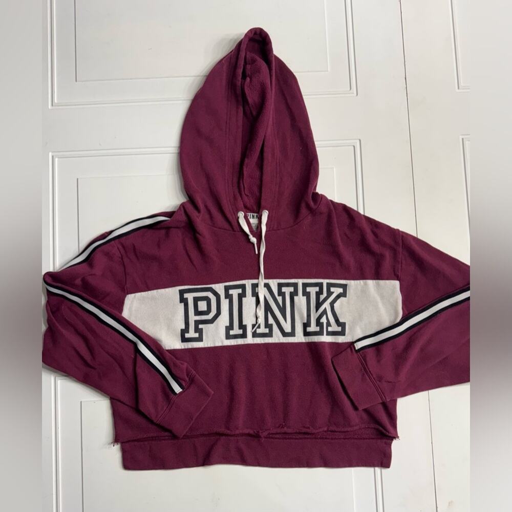 Victoria's Secret PINK Womens Sz M Maroon Cropped Raw Hem Hoodie Sweatshirt